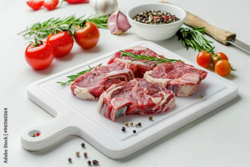 Herb marinated fresh meat and fresh vegetables on a cutting board in the kitchen Herb marinated fresh meat and fresh vegetables on a cutting board in the kitchen