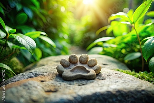 A sweet and sentimental close-up of a furry paw print left on a smooth stone surface, surrounded by lush greenery and warm natural light. photo