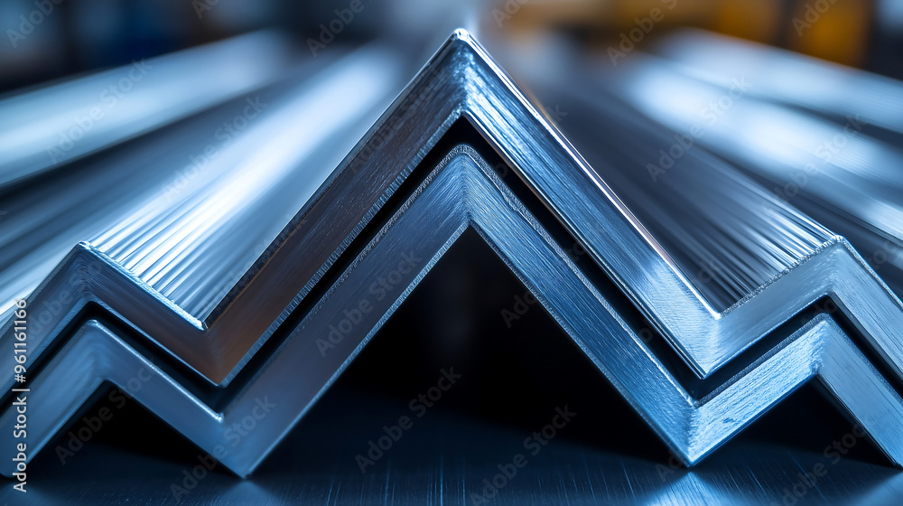 Obraz premium A close-up shot of shiny stainless steel angles stacked together, with sharp edges and smooth surfaces reflecting light