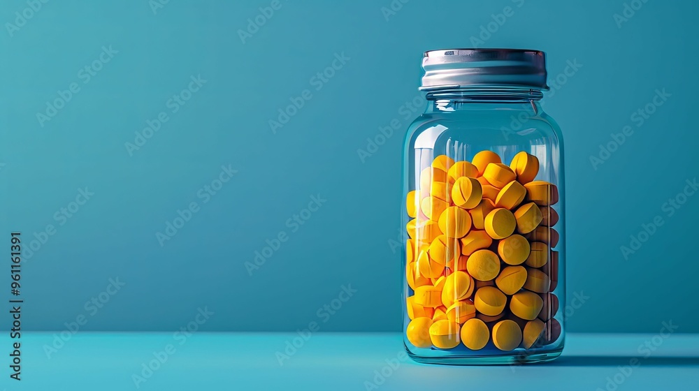 Glass Jar Filled with Yellow Pills on a Blue Background Glass Jar Filled with Yellow Pills on a Blue Background