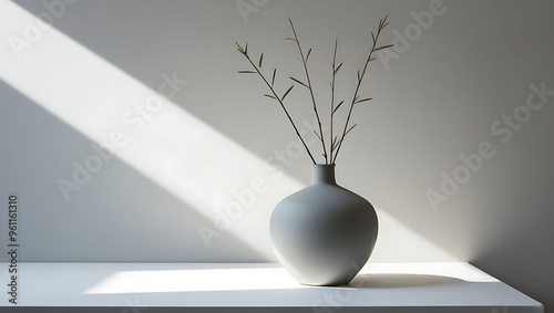 Minimalistic abstract soft light beige background with vase and plants