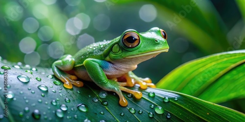 A tiny Pyxie frog perches on a delicate leaf, its vibrant green skin glistening with dew, surrounded by lush tropical vegetation in a misty forest. photo