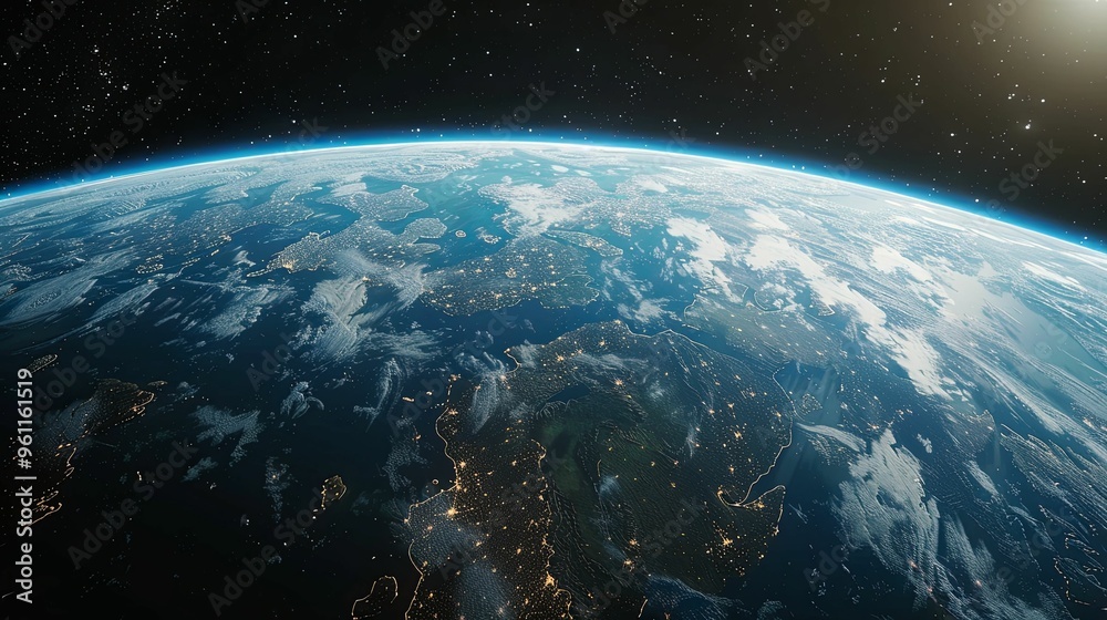 Earth from Space Showing Europe at Night with City Lights and Cloud Cover Earth from Space Showing Europe at Night with City Lights and Cloud Cover