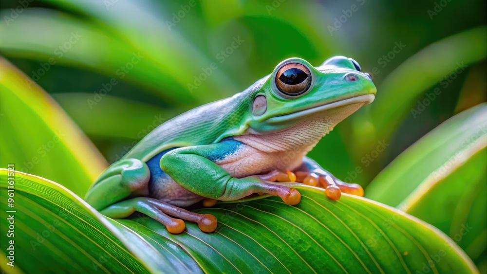 Australian green tree frog, Litoria caerulea, perched on a leaf, displaying vibrant green and white coloration, with natural habitat and soft focus in the background. Australian green tree frog, Litoria caerulea, perched on a leaf, displaying vibrant green and white coloration, with natural habitat and soft focus in the background.