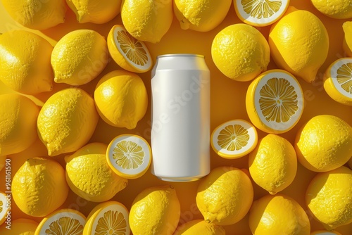 A white soda can surrounded by lemons photo