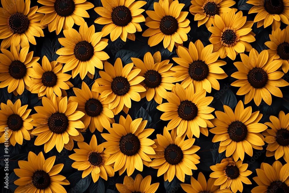 Vibrant sunflowers arranged beautifully against a dark backdrop. Vibrant sunflowers arranged beautifully against a dark backdrop.