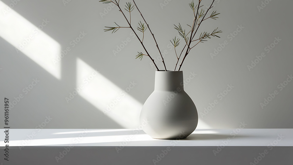 Minimalistic abstract soft light beige background with vase and plants