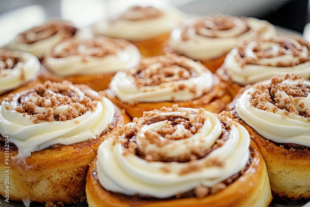 A batch of freshly baked cinnamon rolls topped with cream cheese frosting, still warm from the oven A batch of freshly baked cinnamon rolls topped with cream cheese frosting, still warm from the oven