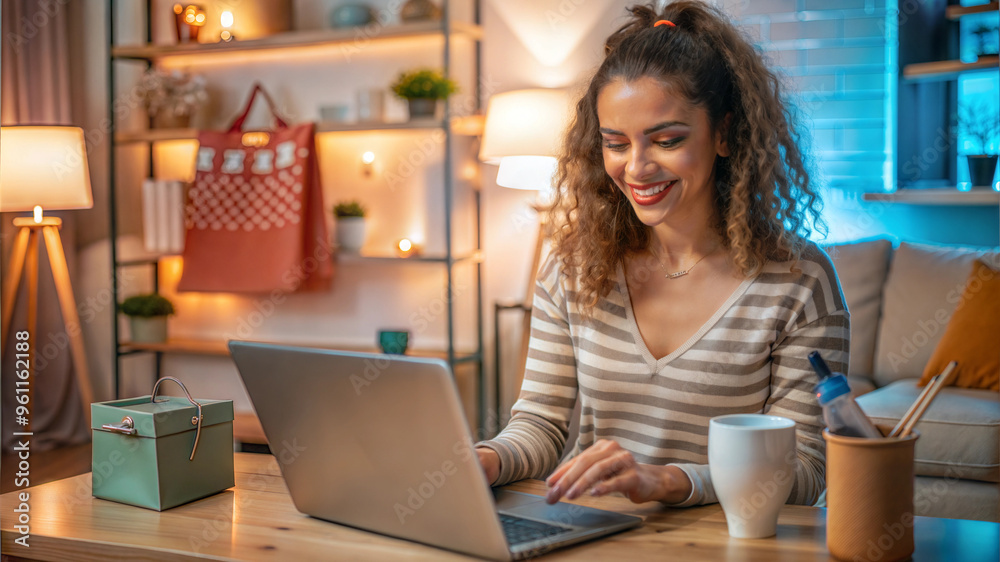 Happy young woman using laptop at home in the living room. Online shopping concept. Happy young woman using laptop at home in the living room. Online shopping concept.