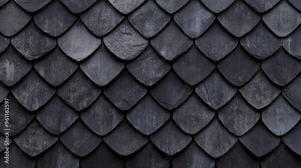 A detailed closeup view of a weathered clay black tile roof showcasing richly textured surfaces A detailed closeup view of a weathered clay black tile roof showcasing richly textured surfaces