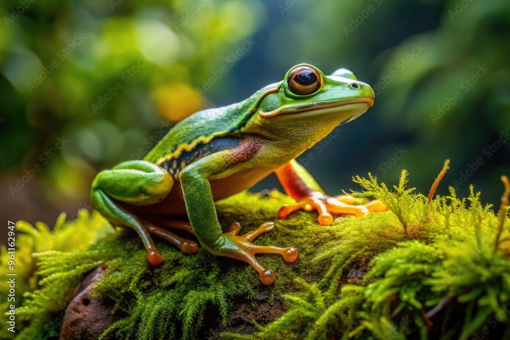 A vibrant green frog perches on a mossy rock, its long legs bent in preparation for a powerful leap, showcasing its slender toes and webbed feet. A vibrant green frog perches on a mossy rock, its long legs bent in preparation for a powerful leap, showcasing its slender toes and webbed feet.
