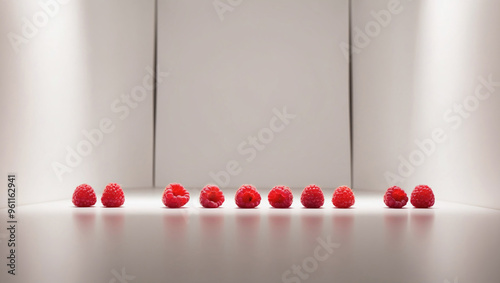 red ball in the row Raspberries in a row. photo