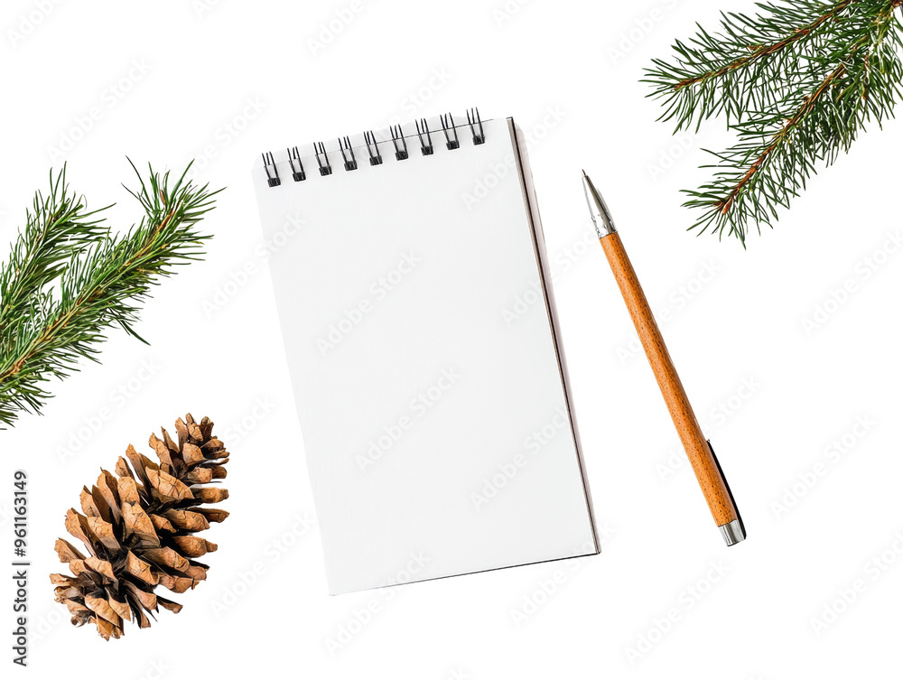 Blank notepad and pen surrounded by pine cones and branches Blank notepad and pen surrounded by pine cones and branches