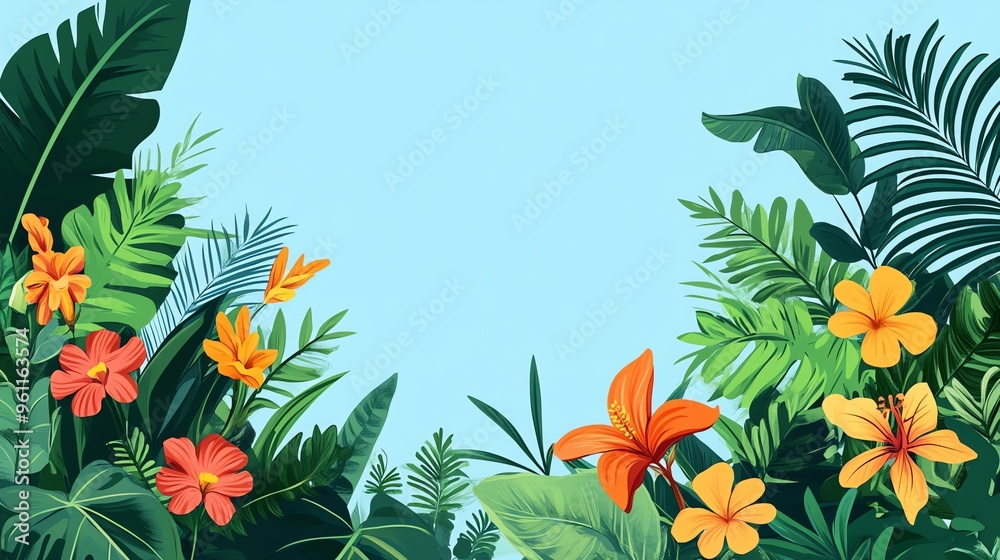 Tropical Flowers and Lush Green Leaves on a Light Blue Background