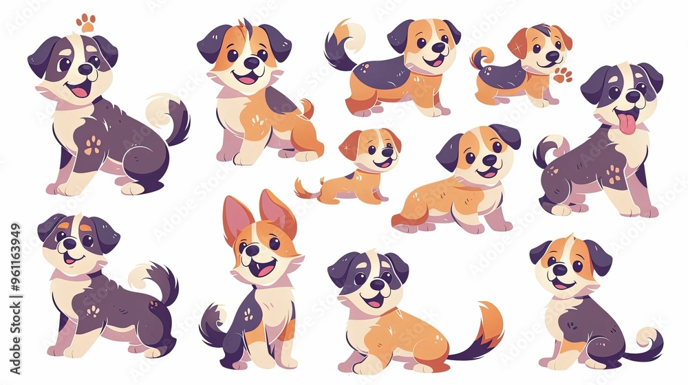 Collection of Adorable Cartoon Puppies in Various Poses Collection of Adorable Cartoon Puppies in Various Poses