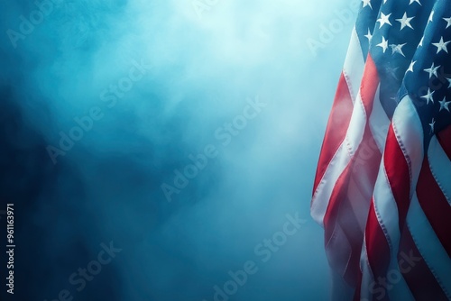 Happy Veterans Day background, American flag on blue fog background, November 11, American flag Memorial Day, July 4, Labor Day, Independence Day, copy-space with generative ai