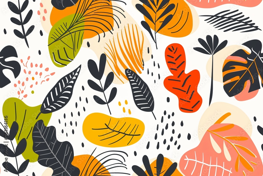 Naklejka premium Colorful abstract floral pattern. Colorful abstract leaves and plants on a white background.