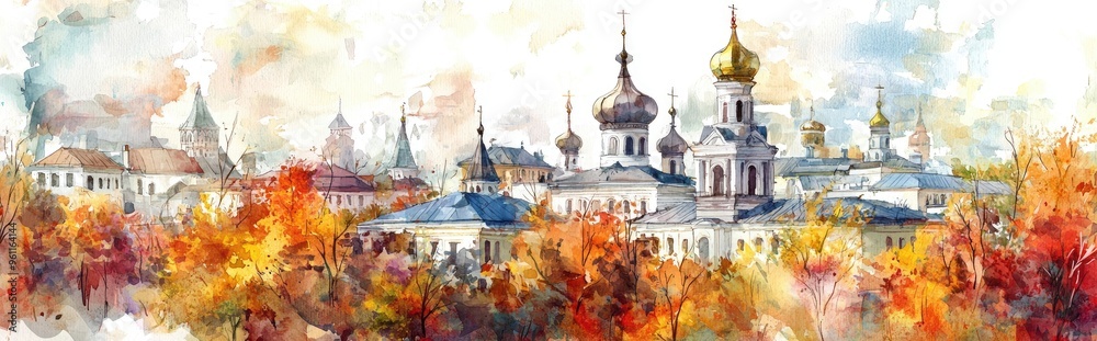Obraz premium Captivating Watercolor Cityscape: Autumn Serenity in Historical Architecture