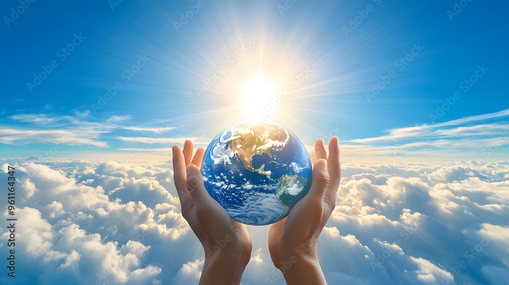 Hands Lifting Earth Above the Clouds: Two hands lifting the Earth above the clouds, with a clear blue sky and rays of sunlight breaking through.
Hands Lifting Earth Above the Clouds: Two hands lifting the Earth above the clouds, with a clear blue sky and rays of sunlight breaking through.