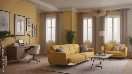 A beautiful yellow theme living cum study area room interior design, An empty interior room mockup template design. photo