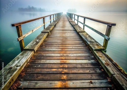 A weathered wooden dock stretches into the misty fog, its worn planks and rusty railings evoking a sense of melancholy and nostalgia.