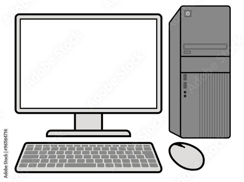 正面から見た、シンプルなキーボード付きのデスクトップパソコンのイラスト