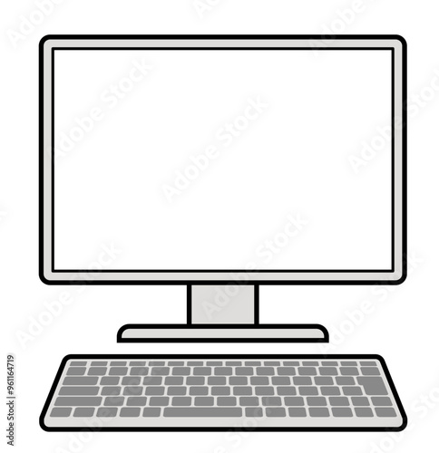 正面から見た、シンプルなキーボード付きのパソコンのイラスト モニターとキーボード