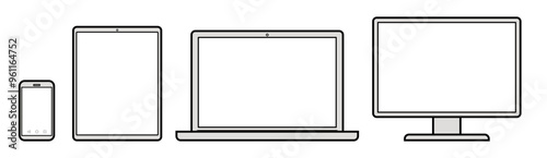 シンプルなスマホ、タブレット、ノートPCのイラスト 空白 モックアップ