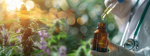 Dropper Dispensing CBD Oil into a Bottle Against a Cannabis Plant Background photo