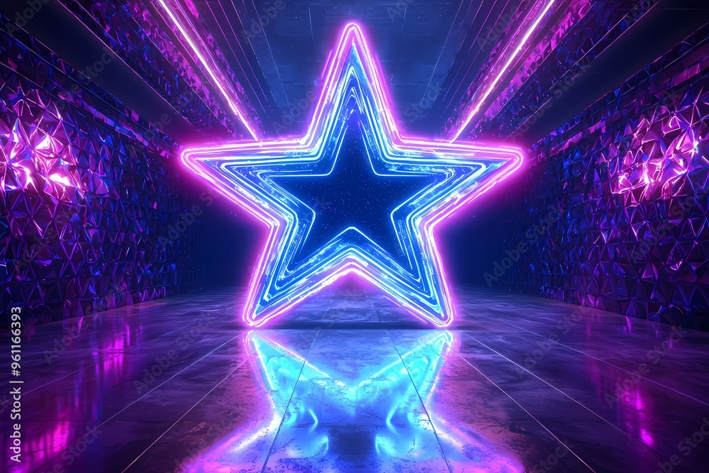 Fototapeta premium Vibrant neon star glowing in a futuristic corridor.