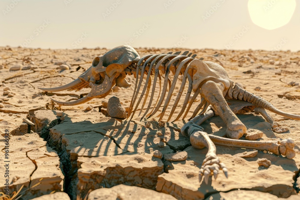 Fototapeta premium An elephant skeleton decomposing on parched ground