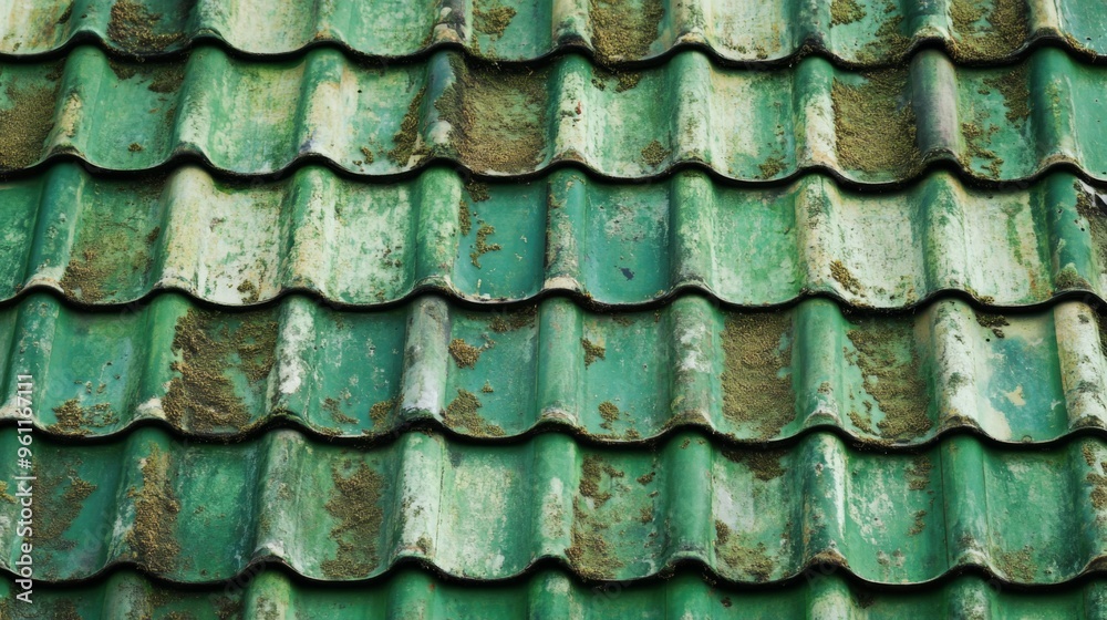 Fototapeta premium A detailed closeup view of a weathered clay old green tile roof showcasing richly textured surfaces