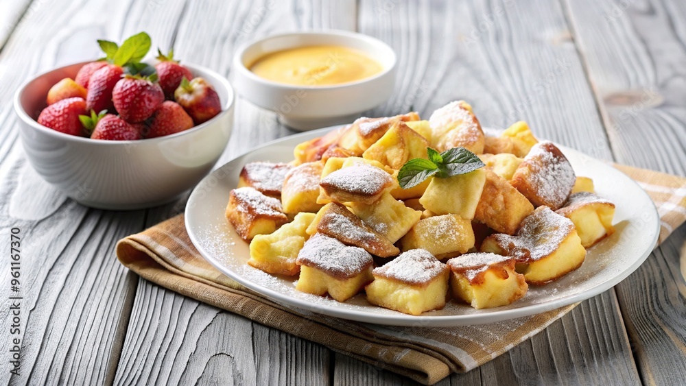 Kaiserschmarrn a traditional Austrian dessert beautifully presented on a white plate adorned with a generous dusting of powdered sugar and accompanied by a dollop of apple sauce Kaiserschmarrn a traditional Austrian dessert beautifully presented on a white plate adorned with a generous dusting of powdered sugar and accompanied by a dollop of apple sauce