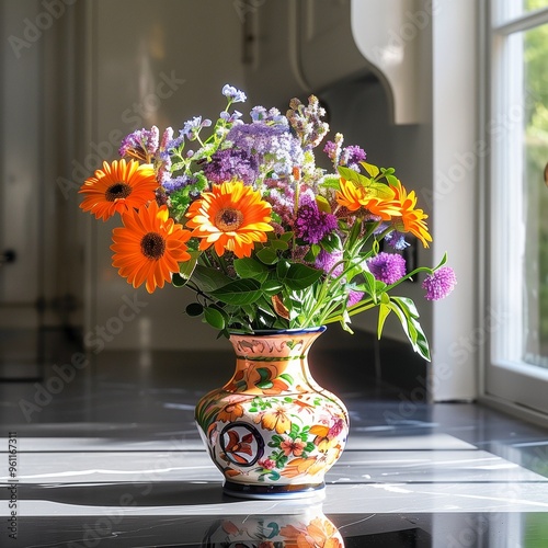 Wallpaper Mural Beautiful violet and orange daisy bouquet in a vintage glass vase, surrounded by green leaves Torontodigital.ca