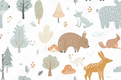 Cute forest animals illustration. A repeating pattern of pastel-colored trees, bear, deer, fox, and mushrooms on a white background.