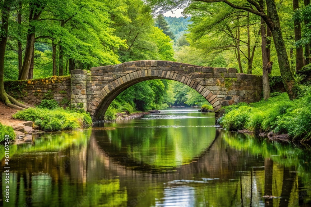 A serene stone bridge crosses over a meandering river nestled within a lush forest, wilderness, beauty, exploration, outdoor,stone bridge, landscape, scenic, reflection, serene, wooden A serene stone bridge crosses over a meandering river nestled within a lush forest, wilderness, beauty, exploration, outdoor,stone bridge, landscape, scenic, reflection, serene, wooden