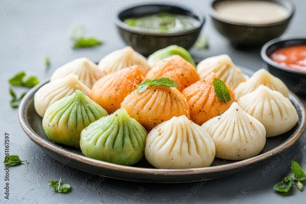 A beautifully decorated plate of modaks in vibrant colors, ready for Ganesh Chaturthi celebration and offerings.
A beautifully decorated plate of modaks in vibrant colors, ready for Ganesh Chaturthi celebration and offerings.