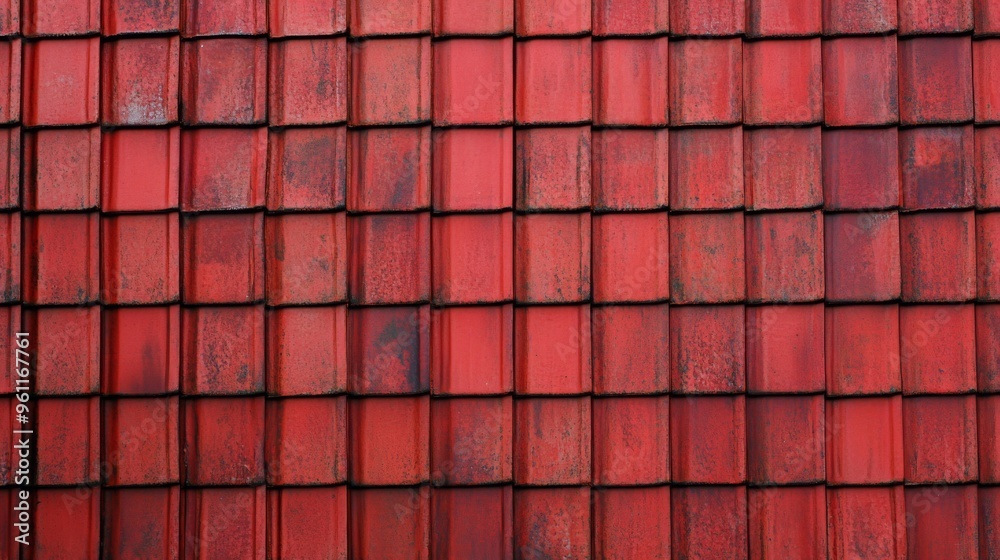 Fototapeta premium A detailed closeup view of a weathered clay old red tile roof showcasing richly textured surfaces