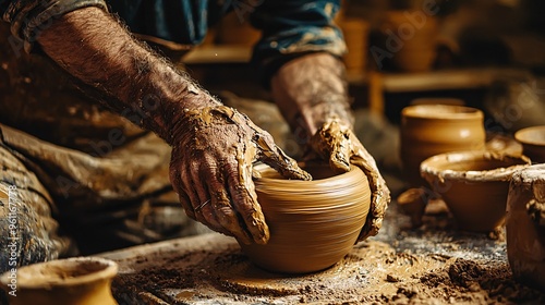 An expert craftsman meticulously shapes exquisite pottery, highlighting the fine details and textures of the clay.