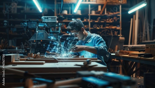 A furniture designer in a contemporary workshop with an AI assistant as a holographic interface providing design suggestions. Tools and pieces in background. AIG60