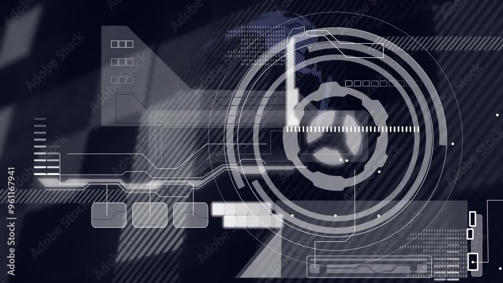 Futuristic digital interface elements and data processing over rotating Earth animation Futuristic digital interface elements and data processing over rotating Earth animation