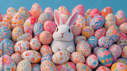 White bunny surrounded by colorful floral Easter eggs in a festive setting photo