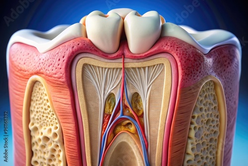 Close-Up Image Of A Human Tooth Showing Its Anatomical Structure, Including The Enamel, Dentin, Pulp, And Periodontal Ligament