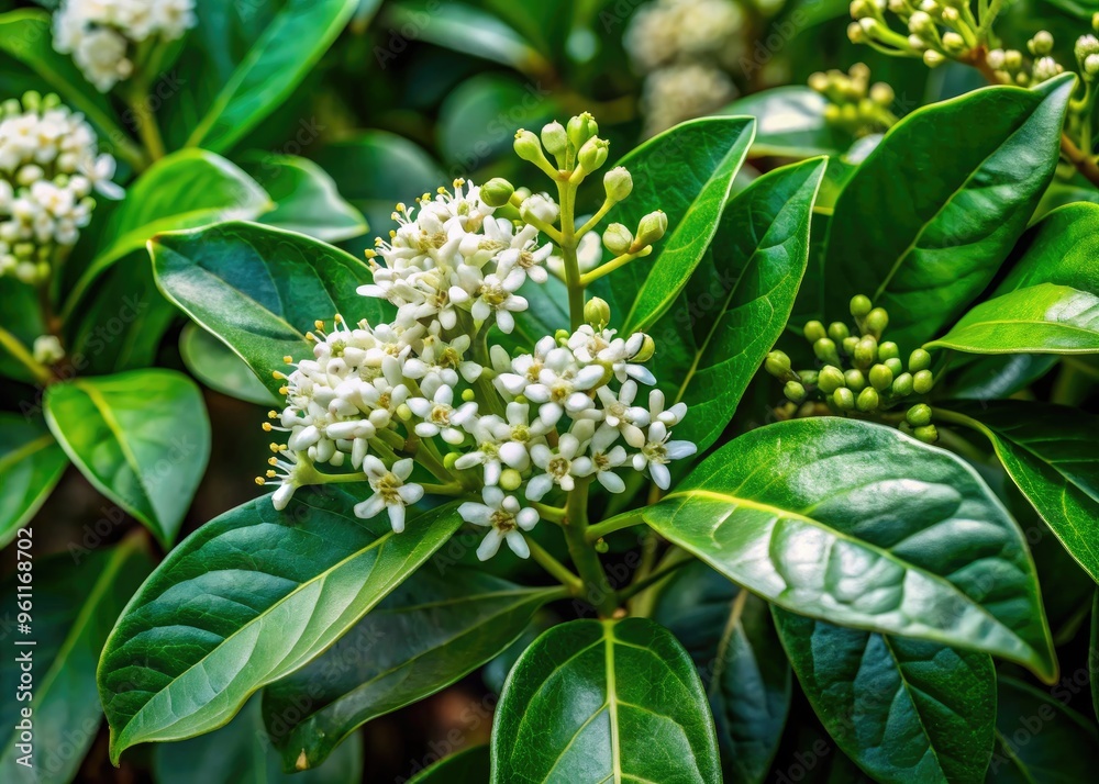Close-Up Image Of The Dark Green, Leathery Leaves And White Flowers Of A Tropical Evergreen Shrub Known For Its Medicinal And Psychoactive Properties. Close-Up Image Of The Dark Green, Leathery Leaves And White Flowers Of A Tropical Evergreen Shrub Known For Its Medicinal And Psychoactive Properties.