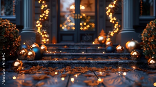 Glossy grey texture, outdoor scene, festive lights and ornaments, warm natural lighting, inviting warmth.