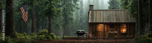 Picnic area with a smoky grill, US flag hanging from a tree nearby, forest setting, smoky grill, flag tree, Labor Day picnic photo