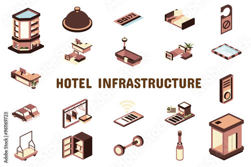 Hotel Infrastructure Flat Vector Illustration Icon Sticker Set Design Materials