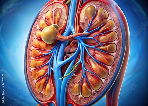 Close-Up Of A Human Kidney Organ, Showing Its Anatomical Structure, Blood Vessels, And Internal Components. photo