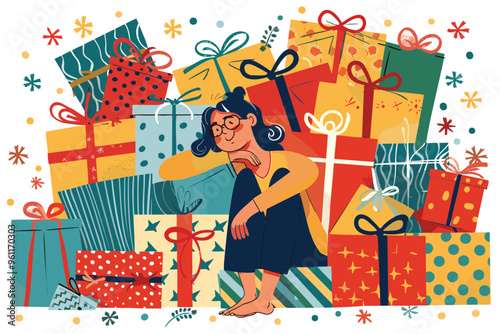 Shopaholic Woman Overwhelmed with Colorful Gift Boxes, Illustrating Consumerism and Psychological Shopping Addiction