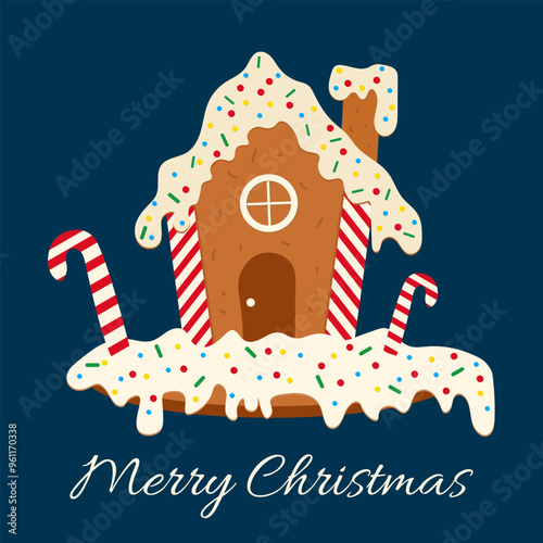 An illustration of a Christmas gingerbread house with sweets and sprinkles. Suitable for postcards, banners, posters and websites